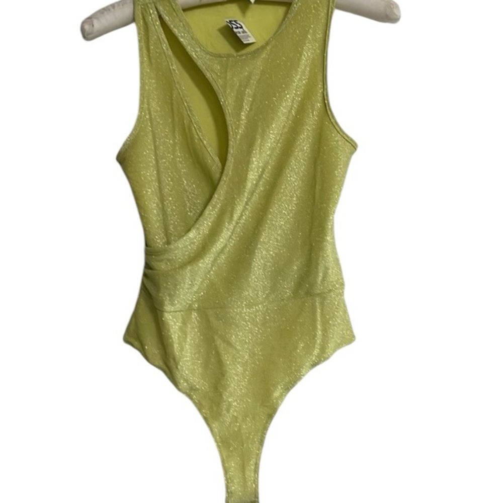 Emerson Lang Bodysuit Tank Top Cutout Sparkly Glittery Yellow Medium NEW